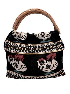 Rooster Rug Fabric Tote Bamboo Handles
